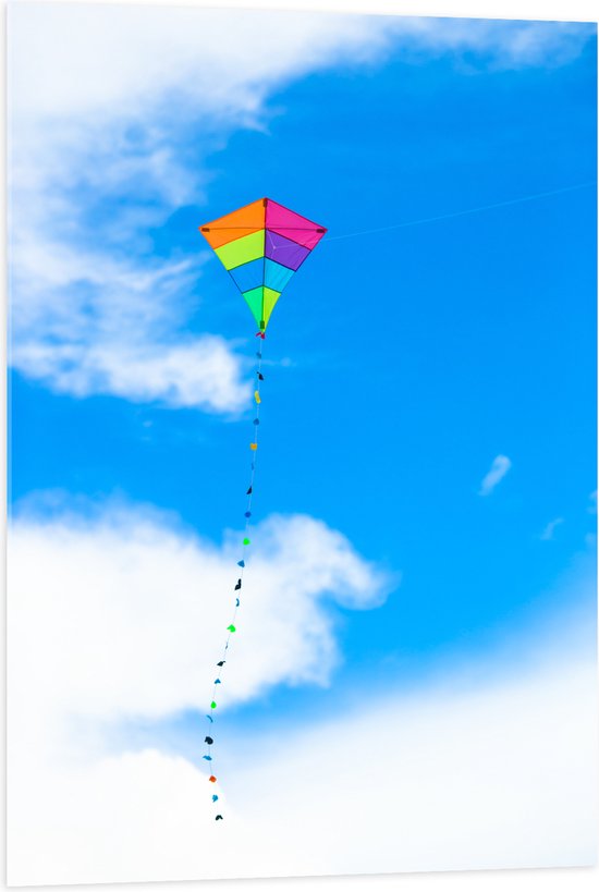 Acrylglas - Foto van Kleurrijke Vlieger onder Schapenwolken - 70x105 cm Foto op Acrylglas (Met Ophangsysteem)