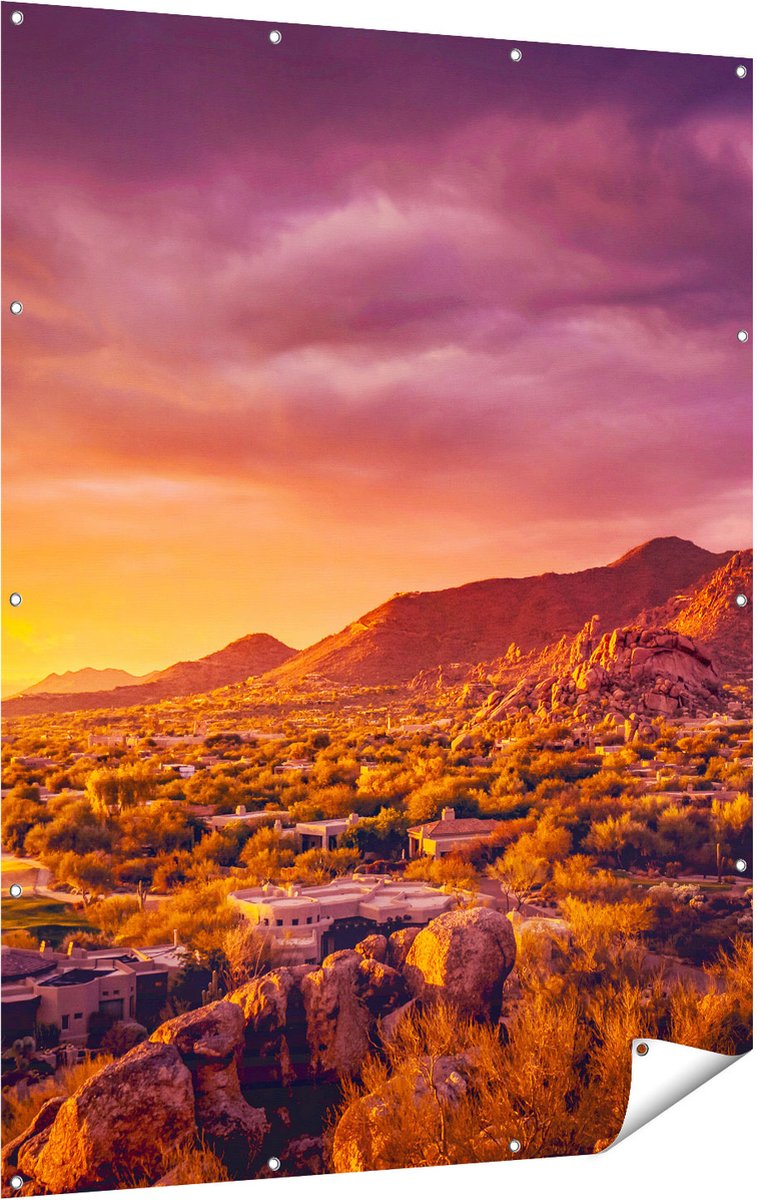 Gards Tuinposter Woestijn Landschap met Zonsondergang - 120x160 cm - Tuindoek - Tuindecoratie - Wanddecoratie buiten - Tuinschilderij Multikleur
