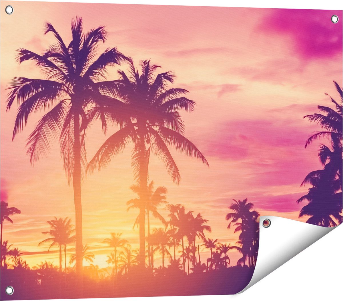 Gards Tuinposter Tropische Palmbomen met Zonsondergang - 80x60 cm - Tuindoek - Tuindecoratie - Wanddecoratie buiten - Tuinschilderij Multikleur