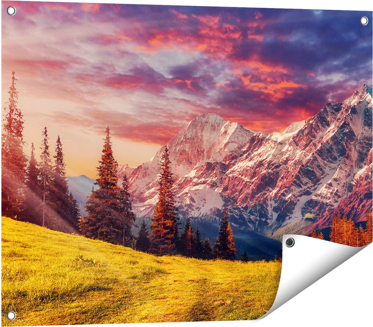 Gards Tuinposter Alpen Landschap met een Kleurrijke Hemel - 80x60 cm - Tuindoek - Tuindecoratie - Wanddecoratie buiten - Tuinschilderij Multikleur