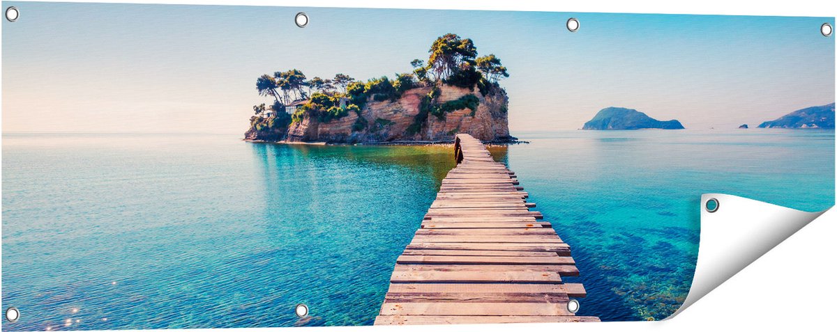 Gards Tuinposter Pad op het Water naar een Grieks Eiland - 120x40 cm - Tuindoek - Tuindecoratie - Wanddecoratie buiten - Tuinschilderij Multikleur