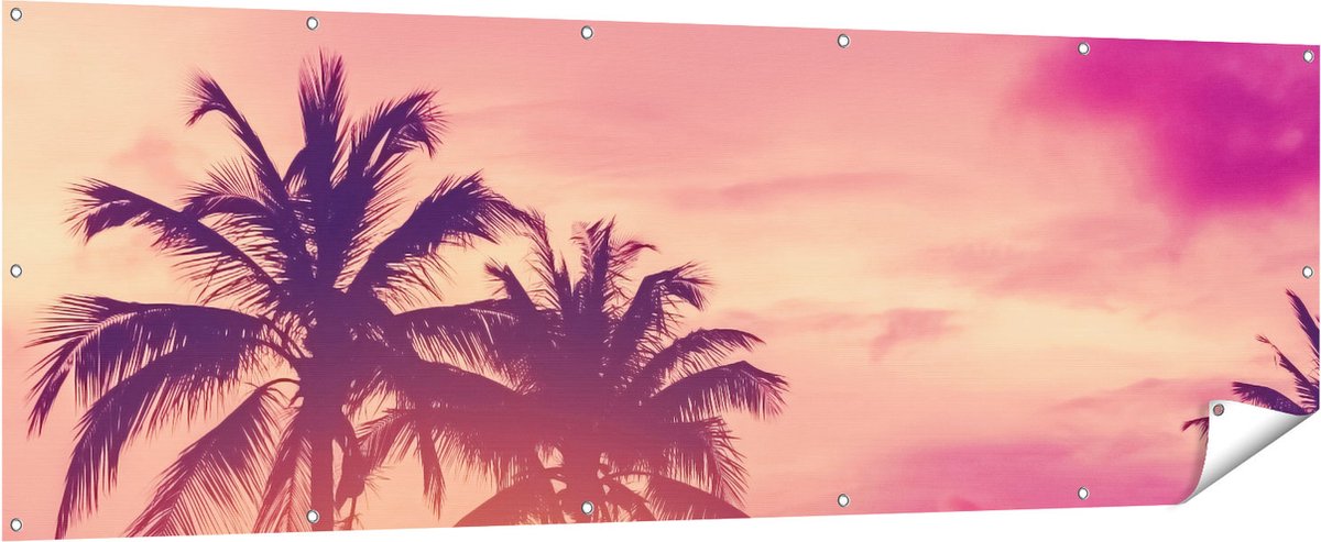 Gards Tuinposter Tropische Palmbomen met Zonsondergang - 210x70 cm - Tuindoek - Tuindecoratie - Wanddecoratie buiten - Tuinschilderij Multikleur
