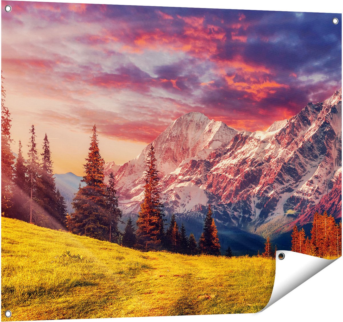 Gards Tuinposter Alpen Landschap met een Kleurrijke Hemel - 100x80 cm - Tuindoek - Tuindecoratie - Wanddecoratie buiten - Tuinschilderij Multikleur