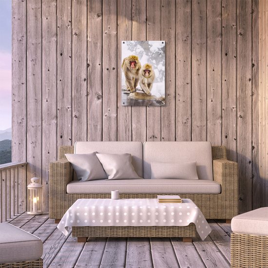 Gards Tuinposter Twee Aapjes in de Sneeuw op Rotsen - 40x60 cm - Tuindoek - Tuindecoratie - Wanddecoratie buiten - Tuinschilderij
