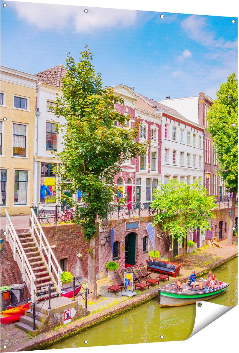 Gards Tuinposter Huisjes aan de Oudegracht in Utrecht - 120x150 cm - Tuindoek - Tuindecoratie - Wanddecoratie buiten - Tuinschilderij Multikleur