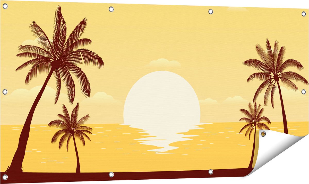 Gards Tuinposter Zonsondergang met Palmbomen - Abstract - 120x60 cm - Tuindoek - Tuindecoratie - Wanddecoratie buiten - Tuinschilderij Multikleur