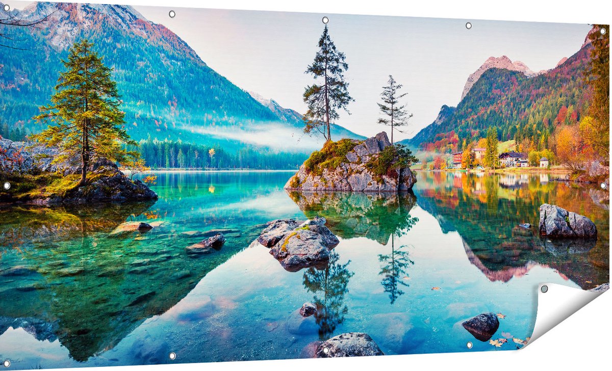 Gards Tuinposter Meer in de Bergen tijdens de Herfst - 180x90 cm - Tuindoek - Tuindecoratie - Wanddecoratie buiten - Tuinschilderij Multikleur