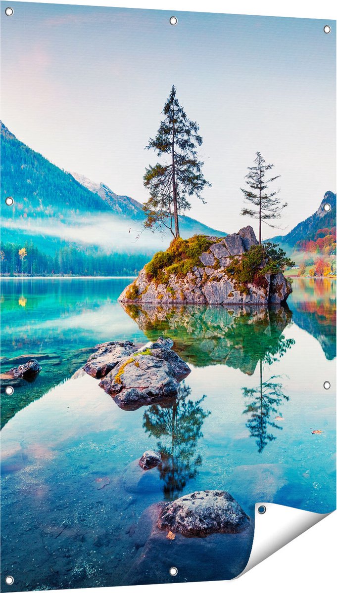 Gards Tuinposter Meer in de Bergen tijdens de Herfst - 80x120 cm - Tuindoek - Tuindecoratie - Wanddecoratie buiten - Tuinschilderij Multikleur