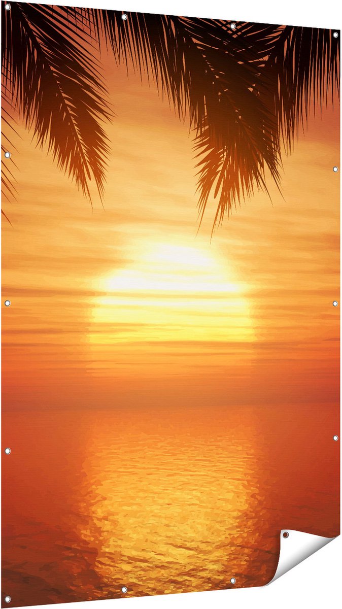 Gards Tuinposter Zonsondergang op het Strand met Palmbomen - 120x180 cm - Tuindoek - Tuindecoratie - Wanddecoratie buiten - Tuinschilderij Multikleur
