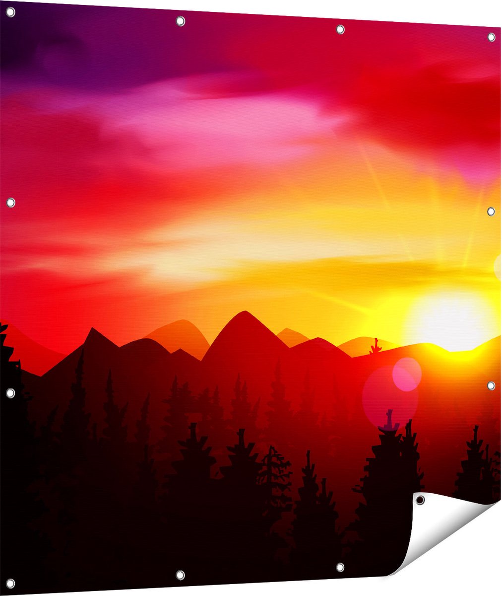 Gards Tuinposter Zonsondergang in de Bergen - Abstract - 110x110 cm - Tuindoek - Tuindecoratie - Wanddecoratie buiten - Tuinschilderij Multikleur