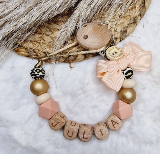 Blue or Pink - Speenkoord met naam - Zalm Creme Goud Panter - Met strik - Meisje - babycadeau - Kraamcadeau - Gepersonaliseerd
