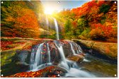 Tuinposter - Tuinschilderij voor buiten - Schuttingdoek - Tuin - Waterval - Natuur - Herfst - Rood - Water - Schutting decoratie - Tuinposters - Tuindecoratie - Schuttingposter - 120x80 cm - Buitenposter - Balkon decoratie - Tuindoek - Buitenposter