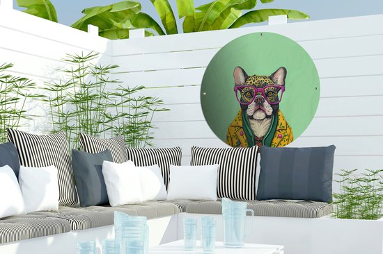 Garden Circle Chien - Hippie - Animaux - Lunettes - 60x60 cm - Poster de jardin rond - Extérieur