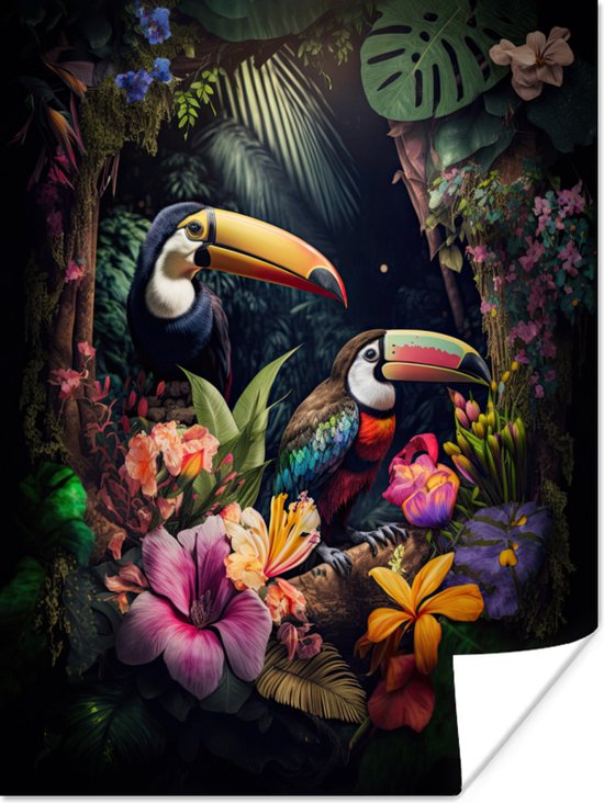 Poster Toekan - Bloemen - Regenboog - Planten - Jungle - 30x40 cm