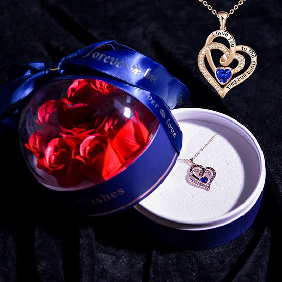 Eeuwige Romantische Bloem Rose Cadeau Box Inclusief Crystal I Love You To The Moon And Back Hart Ketting Kunstmatige Bloem Sieraden Opbergdoos Voor Geliefde Bruiloft Moederdag Valentijn Blauw