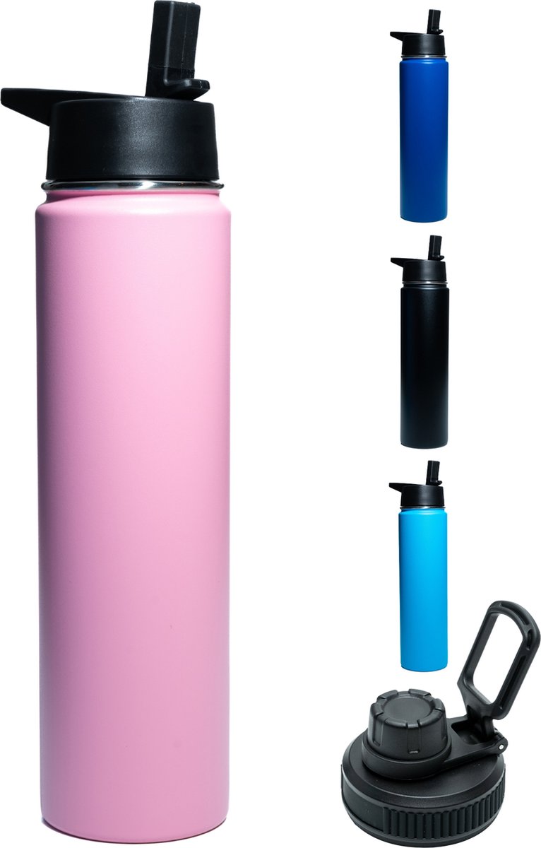 Drinkfles - Pastel Pink - 700 ML - Extra Dop Met Rietje & Drinktuit - Waterfles Met Rietje - Isoleerfles - BPA vrij - Lekvrij