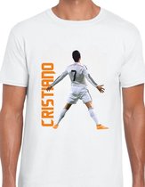 CR7 Uniseks T-Shirt - wit text oranje- Maat M - Korte mouwen - Ronde hals - Normale pasvorm - Cristiano ronaldo - Voetbal - Voor mannen & vrouwen - Kado - Veldman prints & packaging