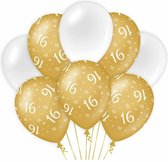 Ballonnen | Goudkleurig met witte cijfers 16 | witte ballonnen | mixpakket | 8 stuks