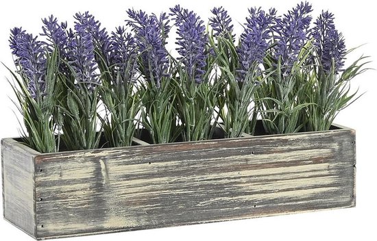 Items Lavendel bloemen kunstplant in bloembak - paarse bloemen - 34 x 14 x 19 cm - bloemstukje
