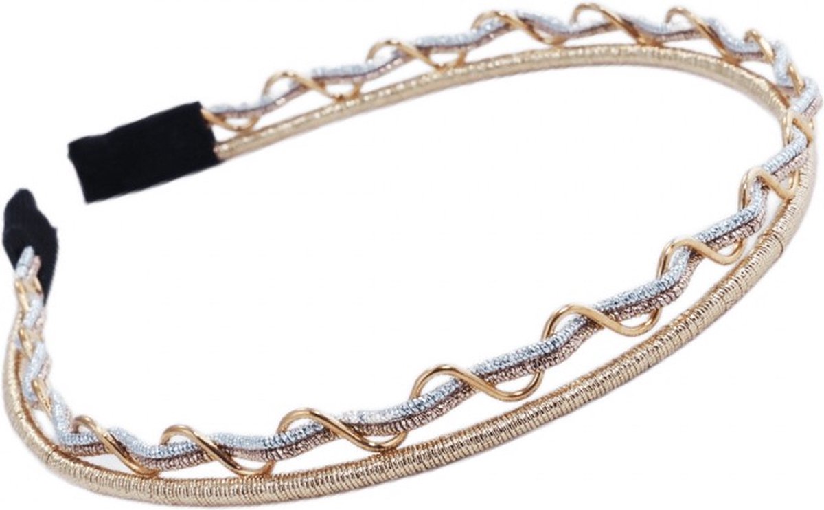 Fijne metalen gouden haarband met een rechte en gevlochten ringen - Goud - Zilver - Brons - Diadeem - Hoofdband