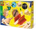 SES - Timmerset - deluxe - Montessori - hout, hamer, spijkers, lijm, zaag en verstekbak - met veiligheidshand