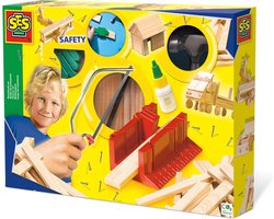 foto van SES - Timmerset - deluxe - Montessori - hout, hamer, spijkers, lijm, zaag en verstekbak - met veiligheidshand
