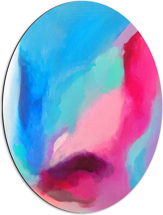 Dibond Ovaal - Wit met Blauwe en Roze Vlekken op Schilderij - 51x68 cm Foto op Ovaal (Met Ophangsysteem)