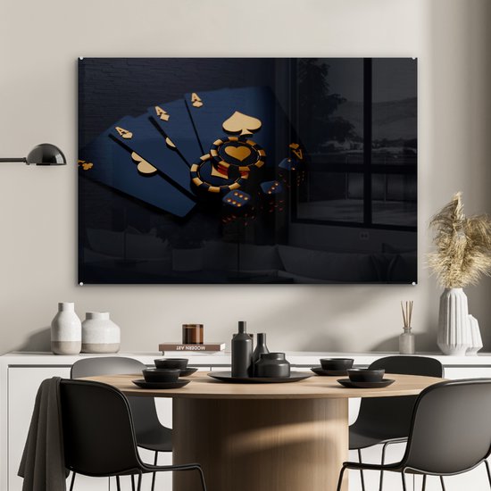Tableau sur verre or noir - Cartes à jouer - Monnaies - Poker - Or - Zwart - 120x80 cm - Photo sur verre - Décoration salon