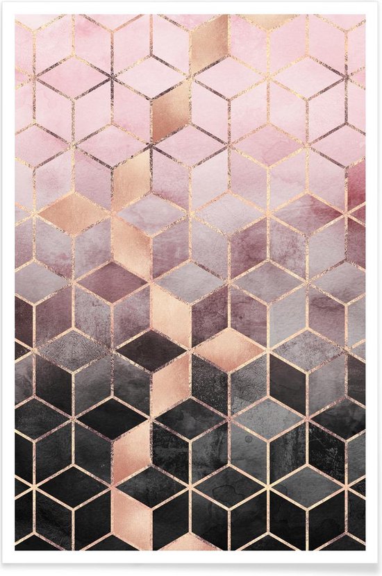 JUNIQE - Poster Pink Grey Gradient Cubes -40x60 /Grijs & Roze