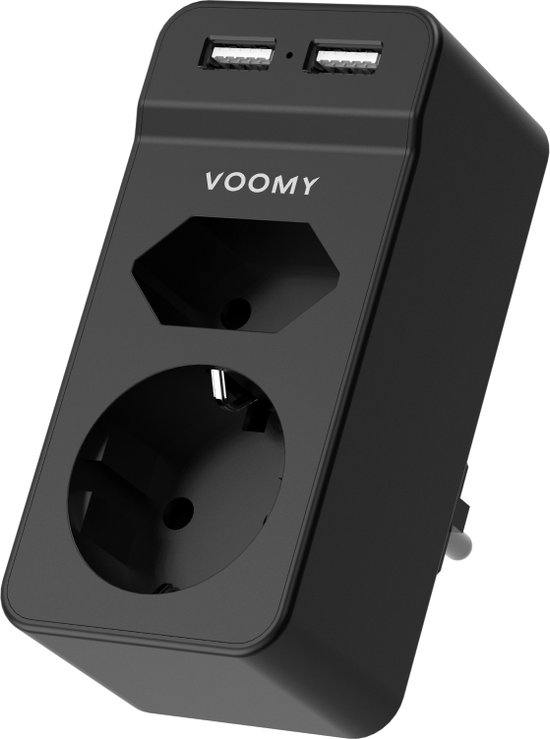 Foto: Voomy verdeelstekker 1 usb c 1 usb a poort 2 stopcontacten 4000w zwart