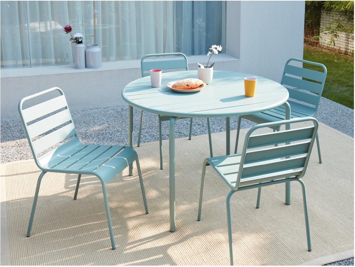 MYLIA MIRMANDE Metalen eettafelset voor buiten - een tafel D.110 cm en 4 stapelbare stoelen - Amandelgroen L 110 cm x H 79 cm x D 110 cm