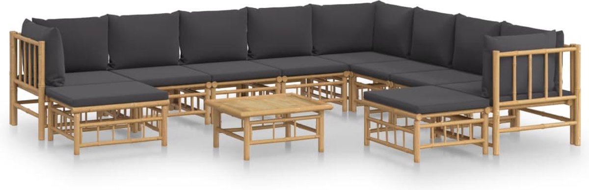 vidaXL 11-delige - Loungeset - met - kussens - bamboe - donkergrijs