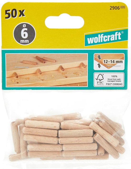 Verpakking van 50 wolfcraft deuvels, 6mm x 30mm, met FSC-logo en gebruiksinstructies.