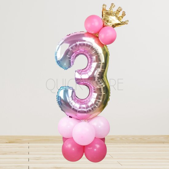 Leeftijdballon 3 Jaar - Hoera 3 Jaar - Prinsessenfeest - Kinderverjaardag Prinses Thema - Kinderfeestje Prinsessen – Unicorn – Regenboog - Princess Birthday Decoration - Meisje Verjaardag Feest Prinses - Roze Prinsessen Verjaardag - Ballon met Kroon
