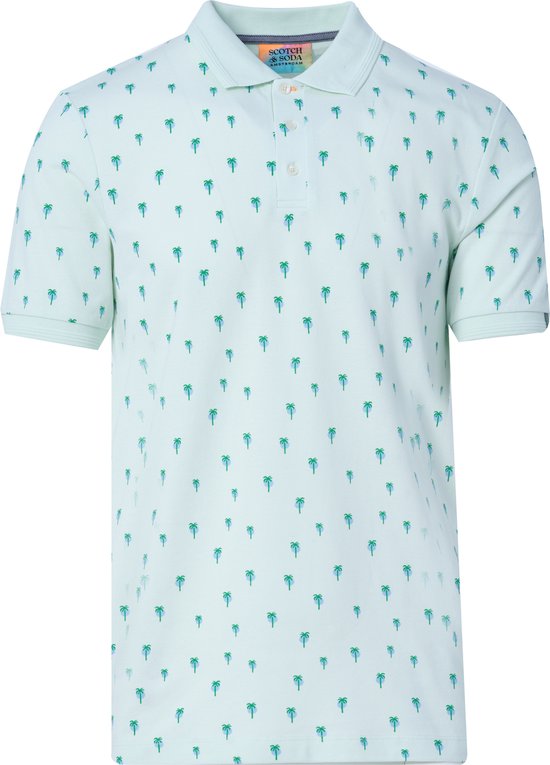 Scotch and Soda - Pique Polo Palmbomen Lichtgroen - Slim-fit - Heren Poloshirt Maat M