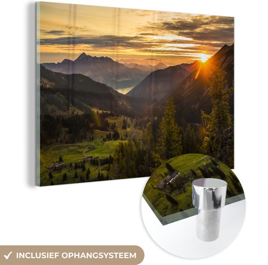 Lever de soleil derrière les montagnes Glas 120x80 cm - Tirage photo sur Glas (décoration murale en plexiglas)