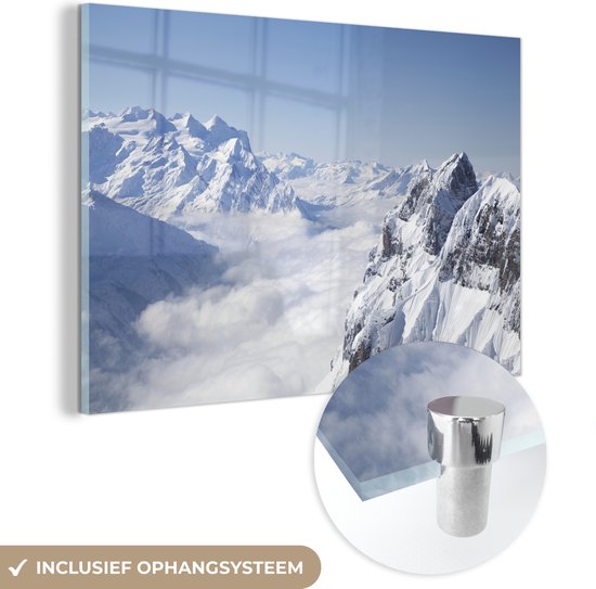 MuchoWow® Glasschilderij 30x20 cm - Schilderij acrylglas - Alpen - Sneeuw - Berg - Foto op glas - Schilderijen