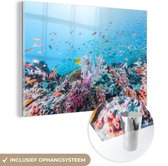 MuchoWow® Glasschilderij 120x80 cm - Schilderij acrylglas - Kleurrijk rif en koraal - Foto op glas - Schilderijen