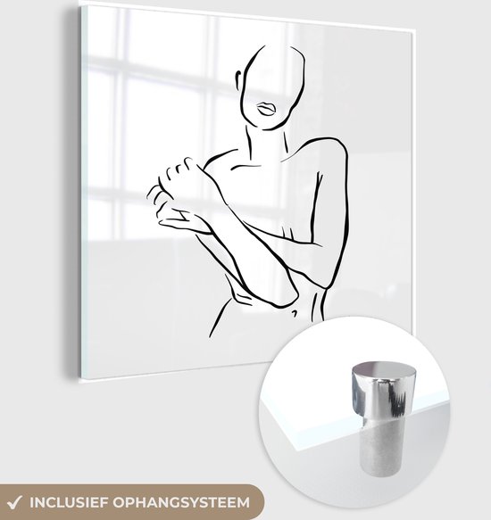 MuchoWow® Glasschilderij 50x50 cm - Schilderij acrylglas - Abstracte line art van een vrouw tegen een witte achtergrond vierkant - Foto op glas - Schilderijen