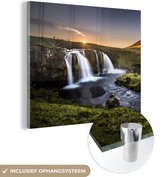 MuchoWow® Glasschilderij 90x90 cm - Schilderij acrylglas - IJsland - Waterval - Zon - Foto op glas - Schilderijen