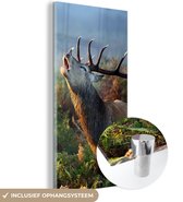 MuchoWow® Glasschilderij 40x80 cm - Schilderij acrylglas - Hert - Bos - Mist - Foto op glas - Schilderijen