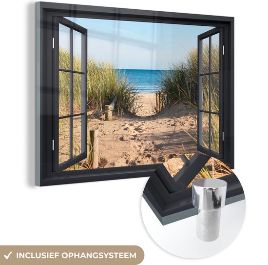 MuchoWow® Glasschilderij 60x40 cm - Schilderij acrylglas - Doorkijk - Strand - Zee - Zand - Water - Helmgras - Duinen - Foto op glas - Schilderijen