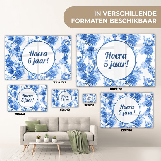 MuchoWow® Peinture sur verre 60x40 cm - Peinture sur verre acrylique - Anniversaire - 5 ans - Bloem - Photo sur verre - Peintures