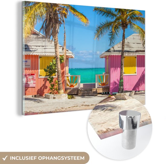 MuchoWow® Glasschilderij 30x20 cm - Schilderij acrylglas - Kleurrijke strandhutjes Caraiben - Foto op glas - Schilderijen