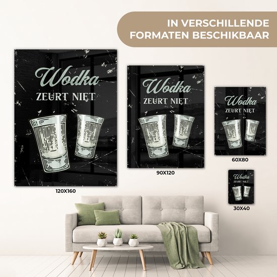 MuchoWow® Glasschilderij 120x160 cm - Schilderij acrylglas - Wodka - Shotglaasjes - Quote - Foto op glas - Schilderijen - Cadeau voor vrouw - Cadeau voor man
