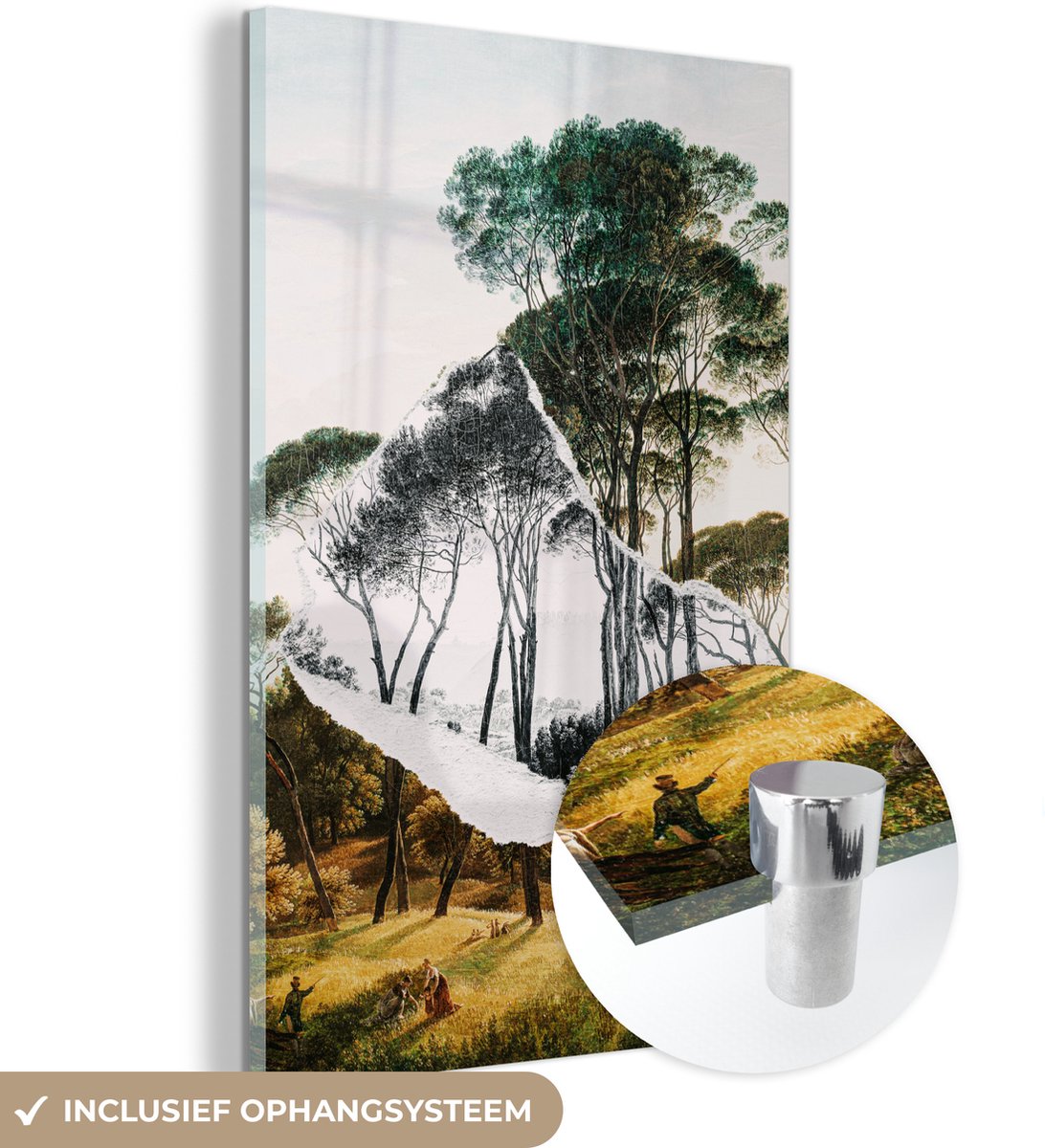 ® Glasschilderij 120x180 cm - Schilderij acrylglas - Italiaans landschap parasoldennen - Kunst - Hendrik Voogd - Schilderij - Zwart wit - Oude meesters - Foto op glas - Muurdecoratie woonkamer - Wanddecoratie slaapkamer - Schilderijen