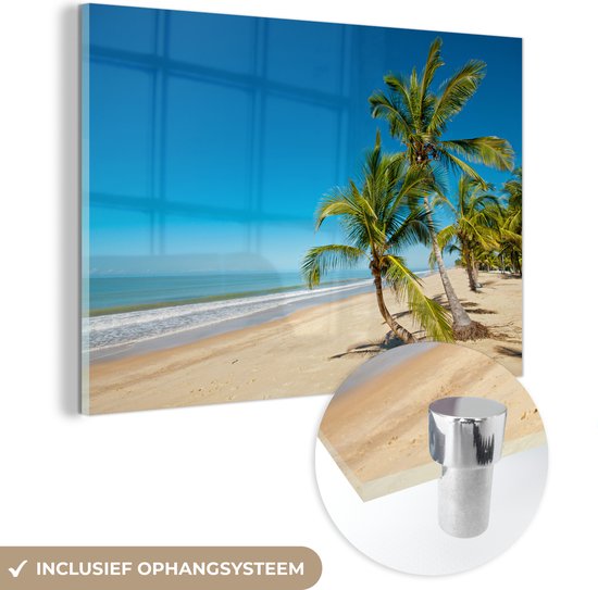 MuchoWow® Glasschilderij 120x80 cm - Schilderij acrylglas - Strand - Zee - Palm - Foto op glas - Schilderijen