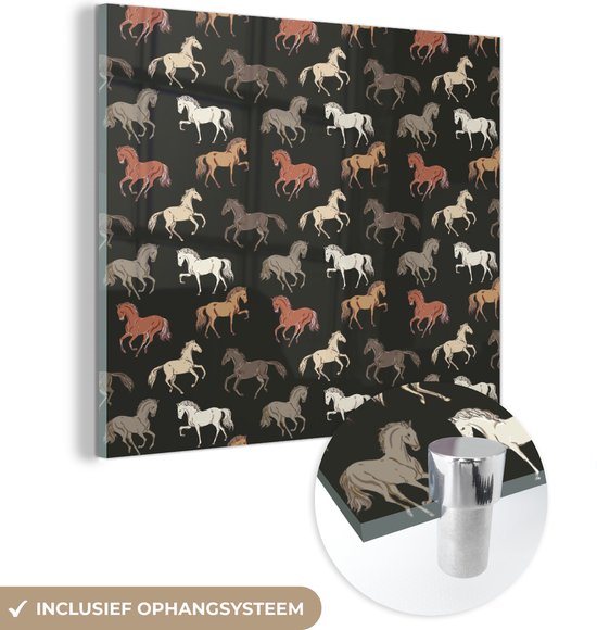 MuchoWow® Glasschilderij 50x50 cm - Schilderij acrylglas - Paarden - Zwart - Patroon - Meisjes - Kinderen - Meiden - Foto op glas - Schilderijen