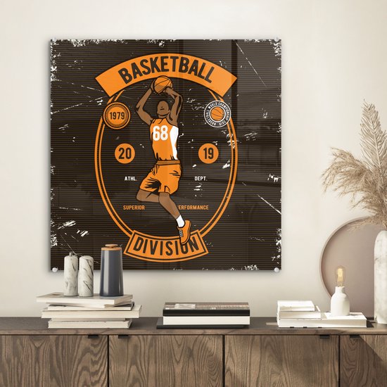 MuchoWow® Peinture sur verre 50x50 cm - Peinture sur verre acrylique - Mancave - Basketbal - Sport - Vintage - Oranje - Photo sur verre - Peintures