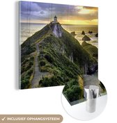 MuchoWow® Glasschilderij 20x20 cm - Schilderij acrylglas - Nieuw-Zeeland - Weg - Toren - Foto op glas - Schilderijen